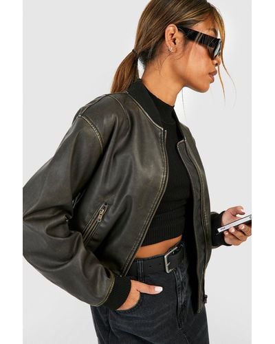 Boohoo Vintage Look Faux Leather Oversized Cropped Bomber Jacket - Black