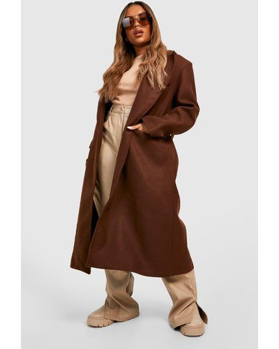 Boohoo Plus Belted Wool Look Coat - Brown