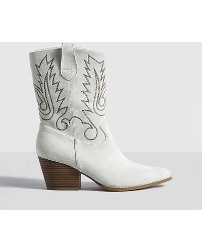 Boohoo Stitch Detail Western Cowboy Boots - White