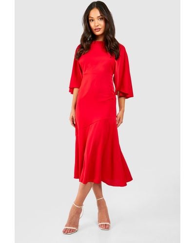 Boohoo Petite Asymmetric Angel Sleeve Satin Maxi Dress - Red