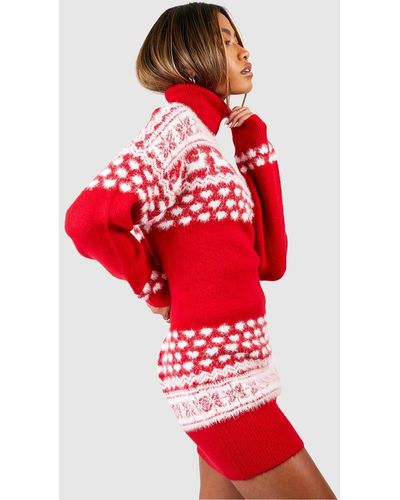 Boohoo Fluffy Knit Roll Neck Fairisle Christmas Sweater Dress - Red