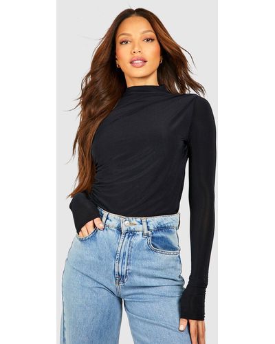 Boohoo Tall Slinky Gathered High Neck Double Layer Top - Blue