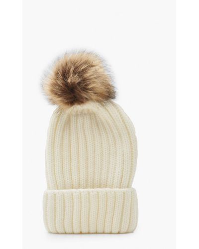 Boohoo Rib Knit Beanie With Large Faux Fur Pom - Natural
