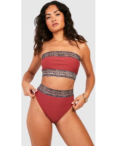 Boohoo Leopard Mesh Trim Bandeau Bikini Set - Red