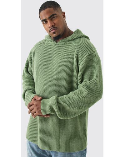 BoohooMAN Plus Boxy Oversized Knitted Hoodie In Sage - Grün