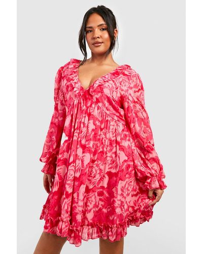 Boohoo Plus Printed Chiffon Wrap Smock Dress - Red