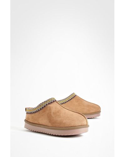 Boohoo Embroidered Slip On Cozy Mules - Natural
