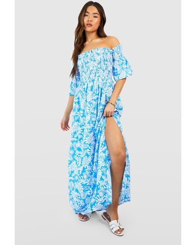 Boohoo Palm Print Shirred Maxi Dress - Blue