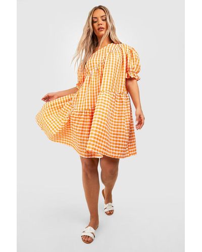 Boohoo Plus Gingham Textured Tiered Smock Dress - Orange