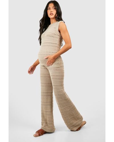 Boohoo Maternity Crochet Tunic And Wide Leg Pants Knitted Set - Natural