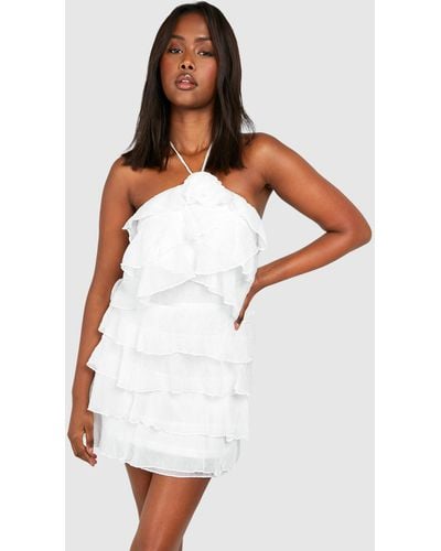 Boohoo Floral Textured Tiered Mini Smock Dress - White