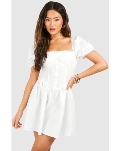 Boohoo Puff Sleeve Cotton Rouched Milkmaid Mini Dress - Blanco