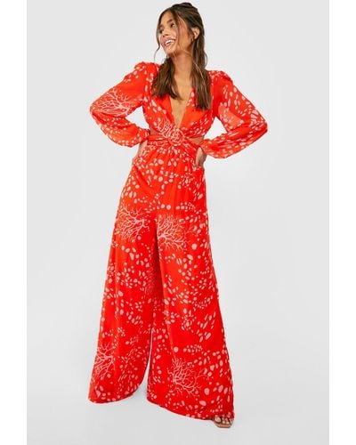 Boohoo Cut Out Printed Wide Leg Jumpsuit - Red