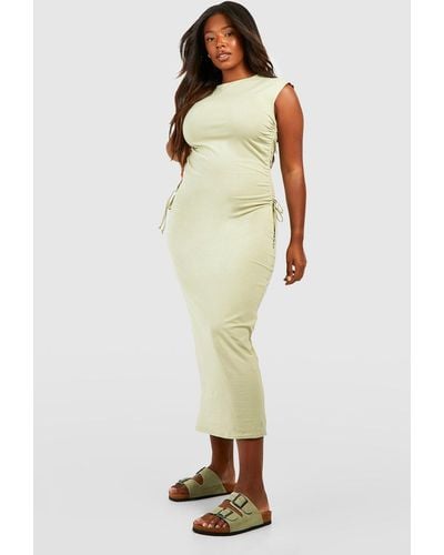 Boohoo Plus Cotton Ruched Tie Side Tailed Midi T-shirt Dress - Green
