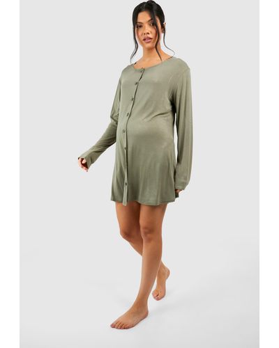 Boohoo Maternity Long Sleeve Peached Jersey Button Down Nightie - Green