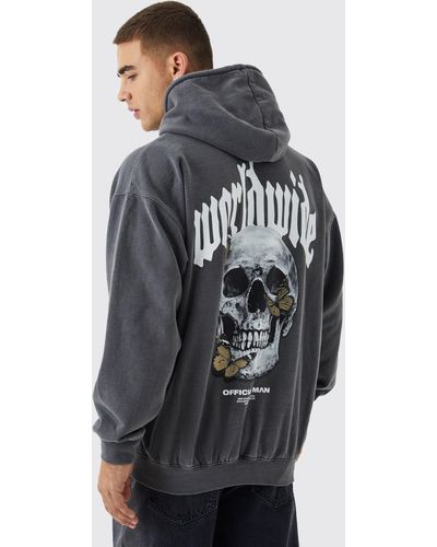 BoohooMAN Oversized Washed Butterfly Skull Hoodie - Blue