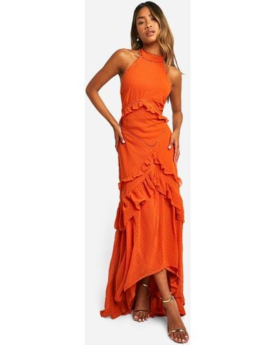 Boohoo Dobby Halterneck Ruffle Maxi Dress - Orange
