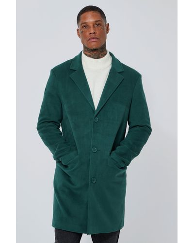 BoohooMAN Wool Look Velvet Cord Single Breast Overcoat - Green