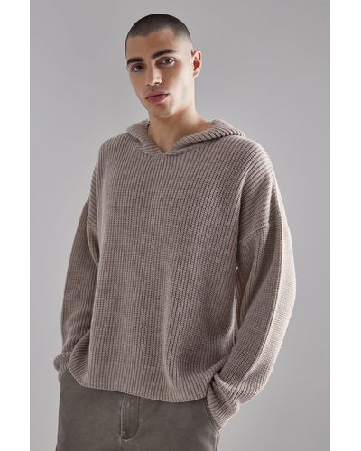 BoohooMAN Boxy Knitted Ribbed Hoodie - Gray