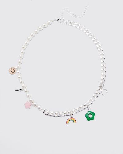 Boohoo Charm Detail Pearl And Chain Necklace - White