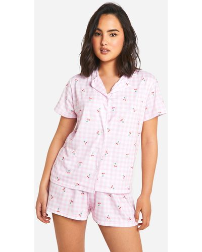 Boohoo Cherry Gingham Button Up Pajama Short Pajama Set - White