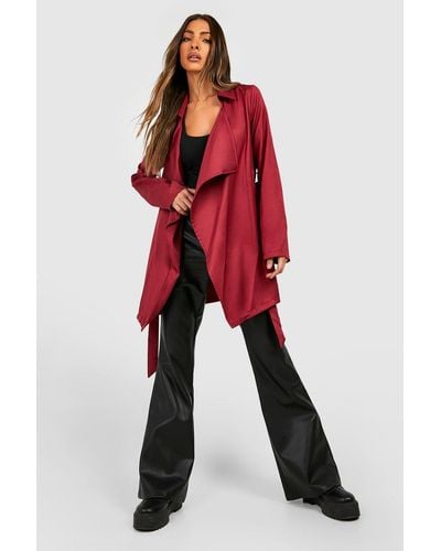 Boohoo Waterfall Belted Trench Coat - Red