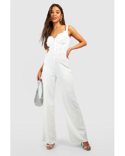 Boohoo Ruched Corset Wide Leg Jumpsuit - White