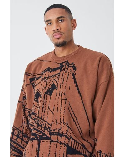BoohooMAN Tall Oversized Drop Shoulder Line Graphic Sweater - Brown