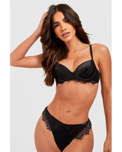 Boohoo Satin & Lace Underwire Non Padded Bra - Black