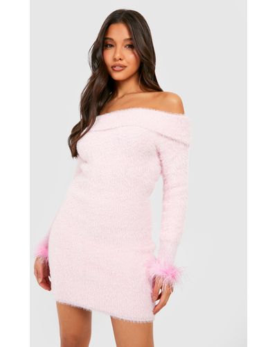 Boohoo Feather Cuff Fluffy Christmas Sweater Dress - Pink