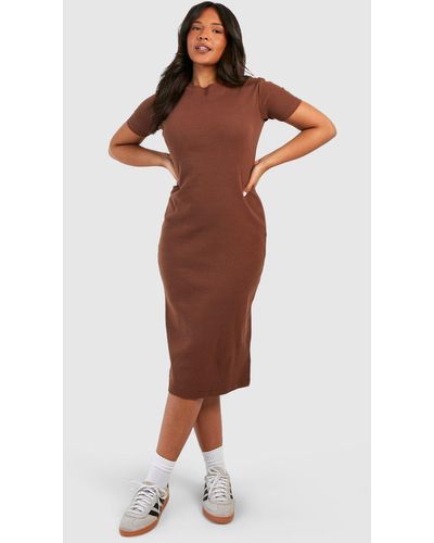 Boohoo Plus Cotton Short Sleeve Midi Dress - Brown