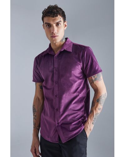 BoohooMAN Short Sleeve Velour Shirt - Purple