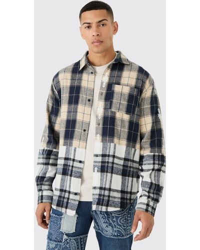 BoohooMAN Oversized Flannel Splice Printed Placket Shirt - Gray
