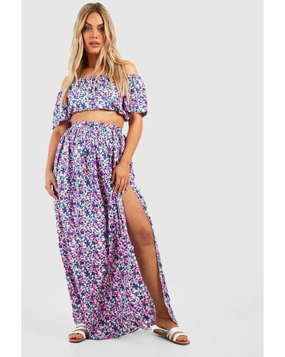 Boohoo Plus Floral Off The Shoulder And Skirt Two-piece - Purple