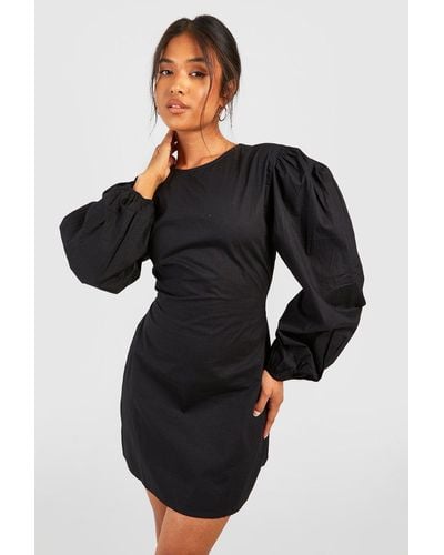 Boohoo Petite Cotton Puff Sleeve Backless Dress - Black