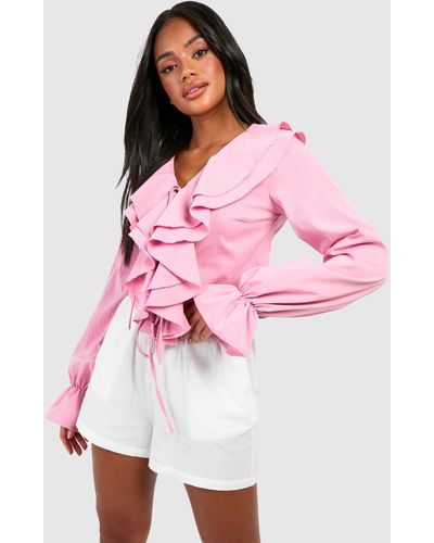 Boohoo Ruffle Tie Front Blouse - Pink
