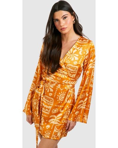 Boohoo Satin Printed Wrap Tie Shirt Dress - Orange