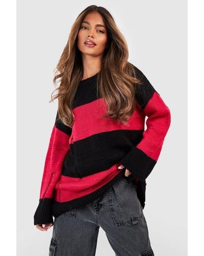 Boohoo Distressed Stripe Oversized Sweater - Red