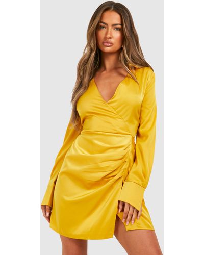 Boohoo Collared Plunge Shirt Dress - Amarillo