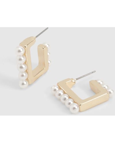 Boohoo Pearl Detail Square Hoop Earrings - Metálico