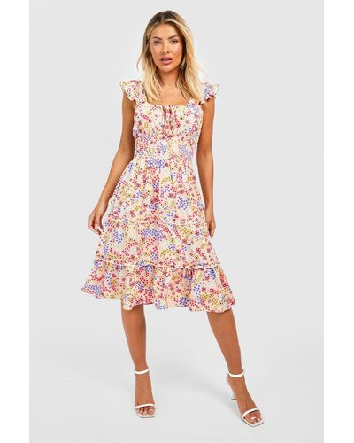 Boohoo Ditsy Floral Tiered Midi Dress - Multicolour