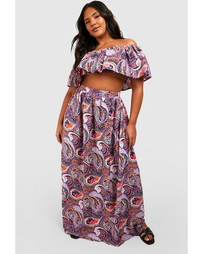 Boohoo Plus Paisley Ruffle Off The Shoulder Top And Maxi Skirt - Purple