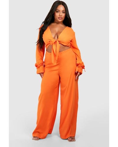 Boohoo Plus Woven Knot Front Long Sleeve Jumpsuit - Orange