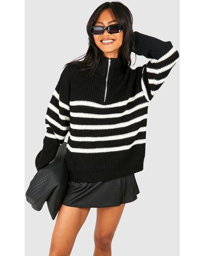 Boohoo Half Zip Stripe Sweater - Black