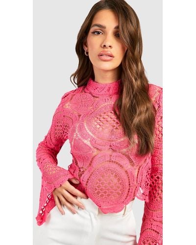 Boohoo Turtle Neck Crochet Lace Crop Top - Pink