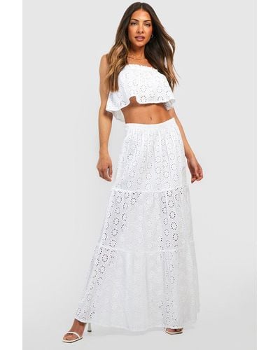 Boohoo Eyelet Off The Shoulder & Tiered Maxi Skirt - White