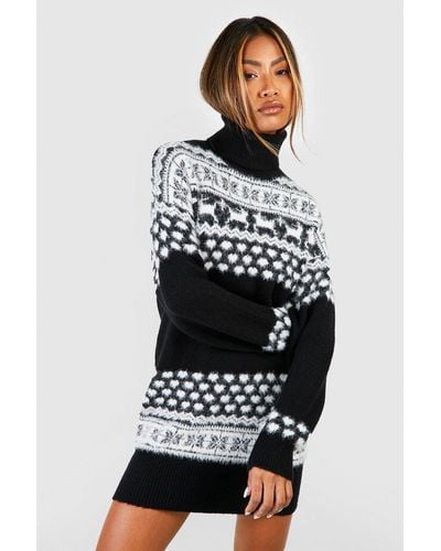 Boohoo Fluffy Knit Roll Neck Fairisle Christmas Sweater Dress - Black