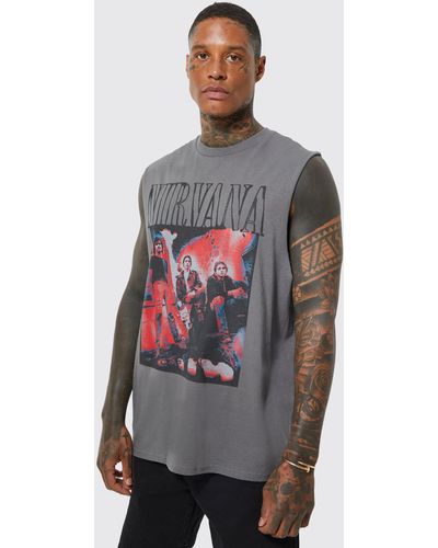 BoohooMAN Oversize vesttop mit Nirvana-Print - Grau