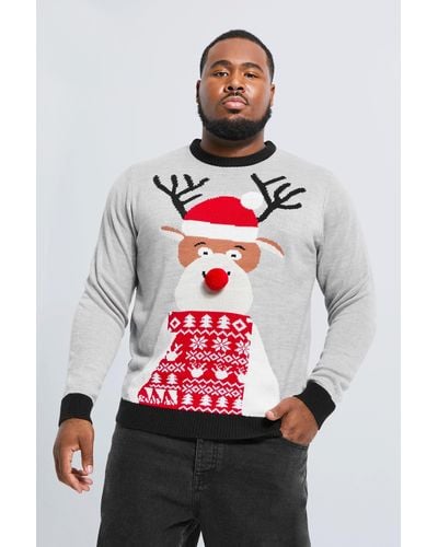 BoohooMAN Plus Reindeer Santa Hat Christmas Sweater - Gray