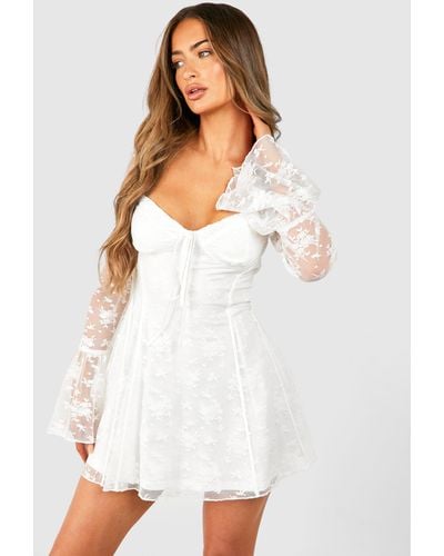 Boohoo Lace Baby Doll Flare Sleeve Mini Dress - White